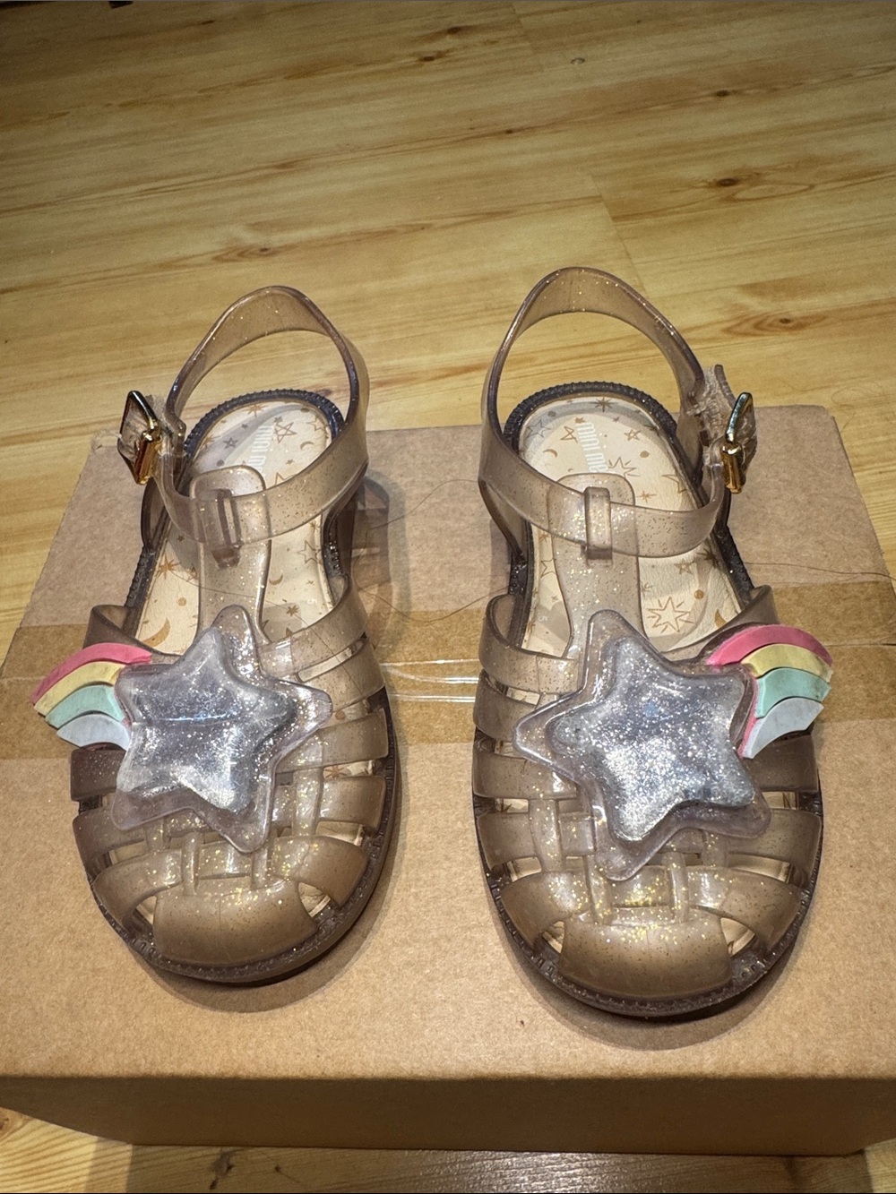 Mini Melissa Glitter Jelly Sandals with Silver Star and Rainbow Accents - Gold